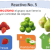 Repasando Contenidos Pensamiento Matématico 4 La instrucción en español pide seleccionar el grupo con más objetos. Se muestran tres grupos: A (una fresa), B (dos manzanas) y C (tres peras). Arriba también hay imágenes de varias fresas, manzanas y peras.