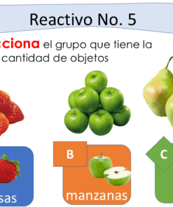 La instrucción en español pide seleccionar el grupo con más objetos. Se muestran tres grupos: A (una fresa), B (dos manzanas) y C (tres peras). Arriba también hay imágenes de varias fresas, manzanas y peras.