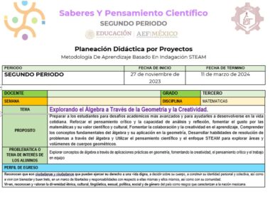 Un documento que describe un plan de proyecto basado en STEAM para una clase de matemáticas titulado "PLANEACION SEGUNDO TRIMESTRE MATEMATICAS 3" para el segundo trimestre del 27 de noviembre de 2023 al 11 de marzo de 2024. Incluye objetivos, propósito, metodología y metas.
