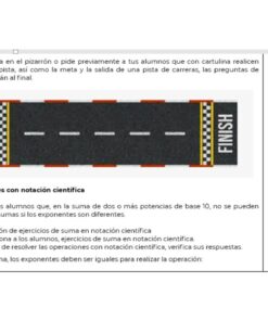 Una hoja de instrucciones educativas en español que presenta una ilustración de una pista de carreras con una línea de 