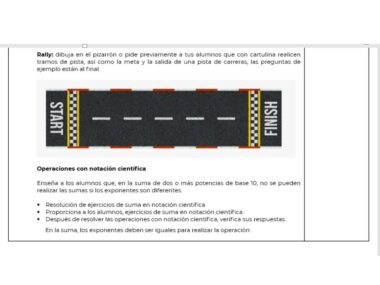 Una hoja de instrucciones educativas en español que presenta una ilustración de una pista de carreras con una línea de "INICIA" y "FIN". Debajo de la ilustración, hay un título "Proyecto Matemáticas Secu: Explora el Universo de la Notación Científica" y un texto adjunto sobre cómo enseñar operaciones de notación científica.