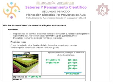 Un documento educativo titulado "Saberes Y Pensamiento Científico, Segundo Periodo" detalla una actividad de aula sobre la aplicación del álgebra en geometría. Incluye pasos para la resolución de un problema de área de jardín utilizando expresiones algebraicas y geometría bajo el proyecto "Proyecto: La Magia del Álgebra en la Geometría (Matemáticas Secundaria)".