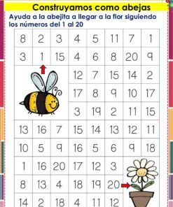 Una colorida hoja de actividades con una cuadrícula numérica del 1 al 20. Una abeja de dibujos animados está cerca del número 1, y una flor cerca del número 20. La instrucción pide ayudar a la abeja a llegar a la flor siguiendo la secuencia de números. La instrucción pide ayudar a la abeja a llegar a la flor siguiendo la secuencia de números.