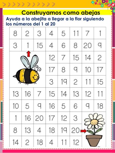 Una colorida hoja de actividades con una cuadrícula numérica del 1 al 20. Una abeja de dibujos animados está cerca del número 1, y una flor cerca del número 20. La instrucción pide ayudar a la abeja a llegar a la flor siguiendo la secuencia de números. La instrucción pide ayudar a la abeja a llegar a la flor siguiendo la secuencia de números.