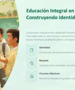 Un grupo de cuatro estudiantes sonrientes charlan en un aula luminosa. El texto explica 