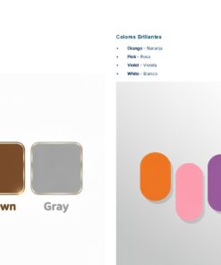 Cuadernillo de Inglés – Primaria NEM | Fase 3 9 Una tabla enumera los colores oscuros y brillantes en español e inglés. Junto a ella hay muestras de color etiquetadas como negro, marrón y gris, y formas abstractas en naranja, rosa, violeta y blanco sobre un fondo claro.