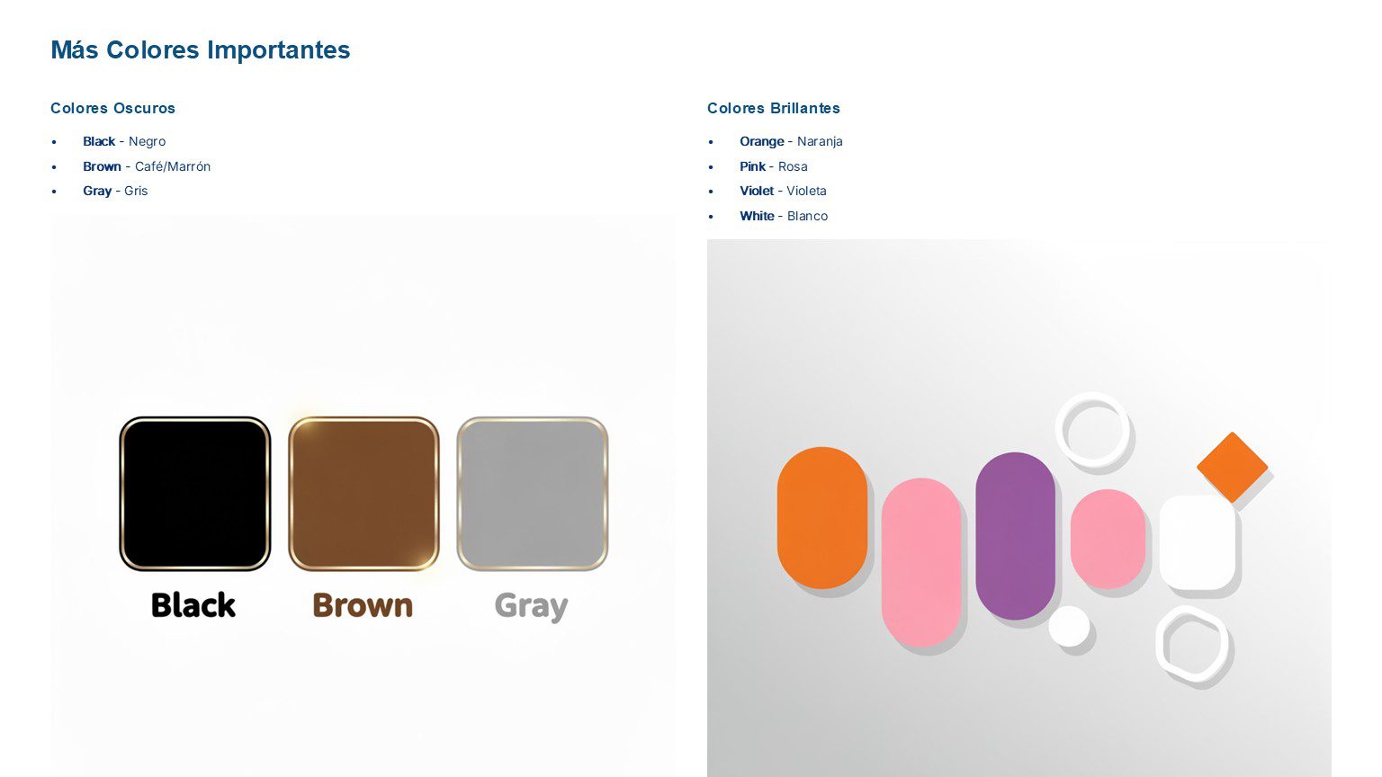 Cuadernillo de Inglés – Primaria NEM | Fase 3 3 Una tabla enumera los colores oscuros y brillantes en español e inglés. Junto a ella hay muestras de color etiquetadas como negro, marrón y gris, y formas abstractas en naranja, rosa, violeta y blanco sobre un fondo claro.