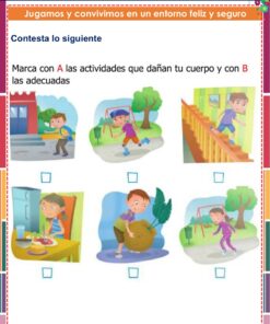 Hoja de ejercicios con cinco ilustraciones de niños: uno columpiándose en un columpio, otro corriendo, otro en un tobogán, otro recogiendo fruta de un árbol y otro empujando a otro en un columpio. Casillas debajo de cada imagen para marcar con A o B.