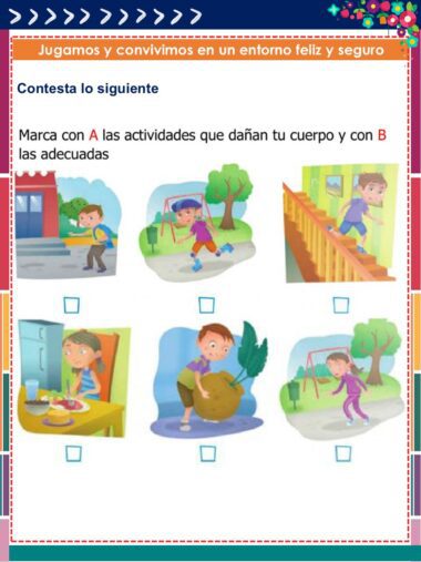 Hoja de ejercicios con cinco ilustraciones de niños: uno columpiándose en un columpio, otro corriendo, otro en un tobogán, otro recogiendo fruta de un árbol y otro empujando a otro en un columpio. Casillas debajo de cada imagen para marcar con A o B.