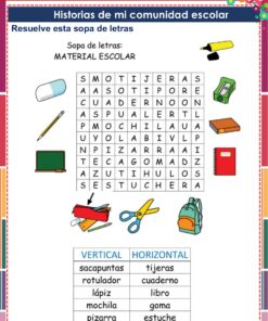 Cuadernillo de Proyectos Lenguajes – 1° Grado PRIMARIA NEM (2025 - 2026) 32 Sopa de letras de material escolar en español con ilustraciones de un lápiz, un cuaderno, un sacapuntas, unas tijeras, un rotulador, una mochila, una goma de borrar, un libro, un estuche y una lista de palabras para la búsqueda vertical y horizontal.