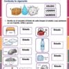 Hoja de ejercicios sobre los estados de la materia. Los alumnos relacionan las imágenes (nube, tetera, roca, botella de agua, cubito de hielo, viento, perfume) con sus estados: sólido, líquido o gaseoso. Borde brillante y colorido e instrucciones en la parte superior.