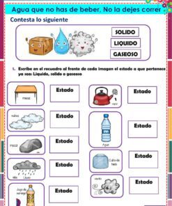 Hoja de ejercicios sobre los estados de la materia. Los alumnos relacionan las imágenes (nube, tetera, roca, botella de agua, cubito de hielo, viento, perfume) con sus estados: sólido, líquido o gaseoso. Borde brillante y colorido e instrucciones en la parte superior.