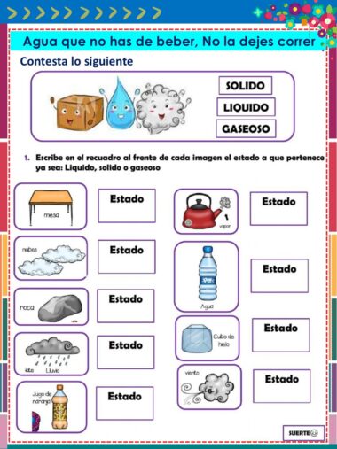Hoja de ejercicios sobre los estados de la materia. Los alumnos relacionan las imágenes (nube, tetera, roca, botella de agua, cubito de hielo, viento, perfume) con sus estados: sólido, líquido o gaseoso. Borde brillante y colorido e instrucciones en la parte superior.