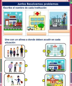 Cuadernillo de Proyectos Lenguajes – 1° Grado PRIMARIA NEM (2025 - 2026) 30 Hoja de ejercicios con ilustraciones de un parque de bomberos, un hospital y una comisaría de policía, con imágenes a continuación en las que se pide relacionar con líneas situaciones como incendios, enfermedades y robos con la institución correcta.
