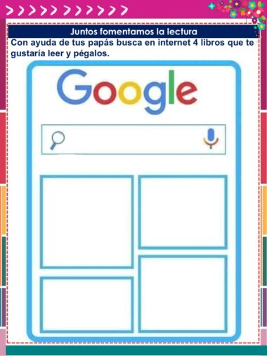 Captura de pantalla con el logotipo de Google, una barra de búsqueda y casillas vacías abajo. El texto en español de arriba indica a los niños que busquen en Internet con sus padres cuatro libros que les gustaría leer y los peguen en los espacios correspondientes.