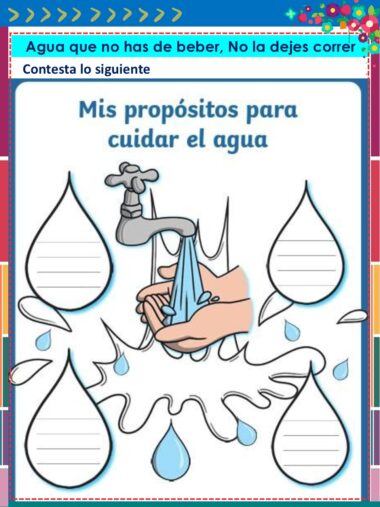Ilustración de unas manos cerrando un grifo con gotas de agua alrededor. El texto dice "Mis propósitos para cuidar el agua" con líneas vacías dentro de las gotas de agua para escribir los propósitos de ahorro de agua.
