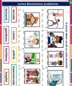 Cuadernillo de Proyectos Lenguajes – 1° Grado PRIMARIA NEM (2025 - 2026) 31 Una actividad de emparejamiento en español que muestra tres situaciones de emergencia y lugares donde buscar ayuda: fuego (bomberos), enfermedad (hospital) y robo (policía), con sus correspondientes ilustraciones y opciones de palabras.