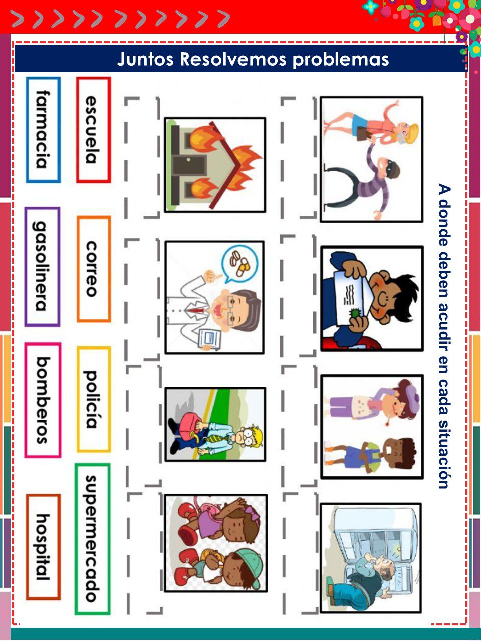 Cuadernillo de Proyectos Lenguajes – 1° Grado PRIMARIA NEM (2025 - 2026) 10 Una actividad de emparejamiento en español que muestra tres situaciones de emergencia y lugares donde buscar ayuda: fuego (bomberos), enfermedad (hospital) y robo (policía), con sus correspondientes ilustraciones y opciones de palabras.