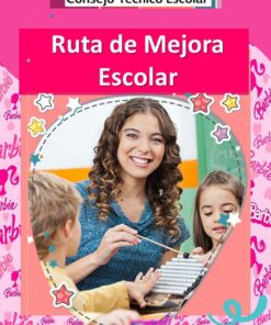 ¡Ciertamente! Aquí está la frase con el nombre del producto reemplazado:

Una mujer sonríe mientras ayuda a dos niños, un niño y una niña, con un xilófono en un aula de preescolar. La imagen está enmarcada por un borde colorido con el texto 