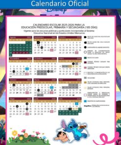 Colorido calendario escolar oficial con temática Disney para México (2025-2026), con los meses de agosto de 2025 a julio de 2026, fechas importantes marcadas y Stitch leyéndole a Lilo en la parte inferior. Bordes decorativos en rosa y azul.