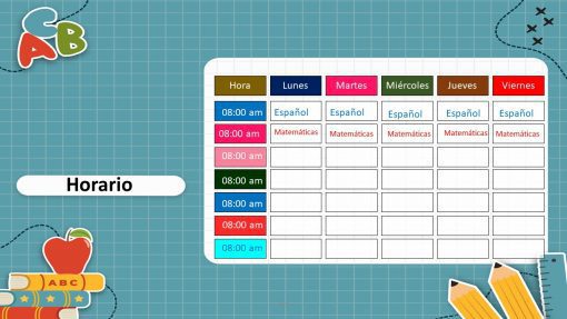 Un colorido horario escolar con la etiqueta "Horario" muestra los períodos de 8:00 am a 9:00 am durante los días laborables. Los temas enumerados incluyen Español y Matemáticas. Las decoraciones de los bordes presentan una pila de libros, una manzana y lápices. Perfecto para presentaciones de Paquete de Horarios Escolares / Editables en Power Point.