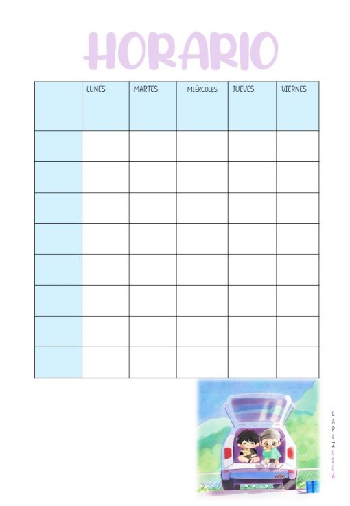 Una plantilla de cronograma semanal titulada "MI AGENDITA" con columnas de lunes a viernes y varias filas para enumerar actividades. En la parte inferior derecha, hay una linda ilustración de dos niños sentados en el maletero de un automóvil con un fondo de naturaleza. Perfecto para organizar tu agenda o bitácora de manera eficiente.