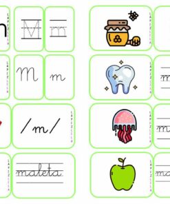 Tarjeta con la letra 'M' en varias tipografías y ejercicios, ideal para Planeación de Clases Consonantes M-P. Las ilustraciones incluyen un tarro de miel, un diente, labios, una medusa, un equipaje y una manzana. Palabras como 