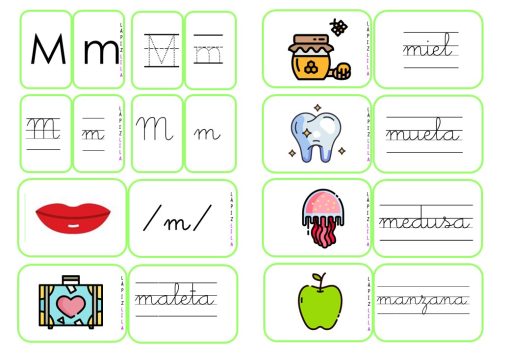 Tarjeta con la letra 'M' en varias tipografías y ejercicios, ideal para Planeación de Clases Consonantes M-P. Las ilustraciones incluyen un tarro de miel, un diente, labios, una medusa, un equipaje y una manzana. Palabras como "miel", "muela", "medusa", "maleta" y "manzana" están escritas junto a las imágenes apropiadas.