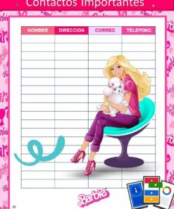 Una hoja de información de contacto vibrante y editable con un tema de Barbie presenta columnas para nombre, dirección, correo electrónico y número de teléfono. Una ilustración de Barbie sosteniendo un perro pequeño sentada en una silla verde y negra a la derecha. El fondo es rosa con logos de Barbie. ¡Perfecto para tu Agenda Barbie Maestra 2023-2024 Editable (Preescolar, Primaria, Secundaria)!