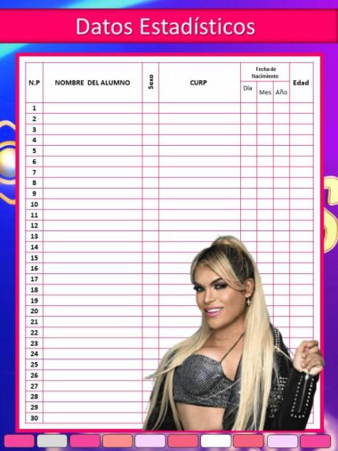 Una Agenda Wendy Guevara Casa de los Famosos 2023 - 2024 Editable (Preescolar, Primaria, Secundaria) con columnas para el número de estudiante, nombre, género, CURP, fecha de nacimiento y edad está ordenada de manera ordenada. Las filas están numeradas del 1 al 30. En la esquina inferior derecha hay una persona con cabello largo y rubio, vestida con un traje negro y sonriendo a la cámara, que recuerda a una celebridad de Casa de los Famosos 2023 - 2024.