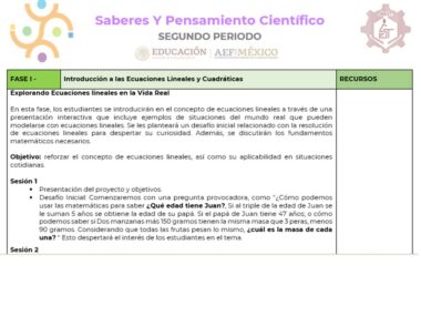 Un documento educativo titulado "PLANEACION MATEMATICAS 2 TRIMESTRE 2". Describe sesiones para la "Fase I – Introducción a las Ecuaciones Lineales y Cuadráticas" como parte de la planeación para el trimestre 2. El texto analiza la exploración de las matemáticas en la vida real, con una lección de ejemplo sobre la edad de Juan y otras actividades matemáticas.