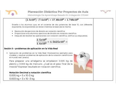 Una infografía educativa sobre la conversión de notación decimal a Proyecto Matemáticas Secu: Explora el Universo de la Notación Científica. Incluye ejemplos matemáticos y una sección titulada "Sesión 5 – problemas de aplicación en la Vida Real", junto con una imagen de un diente en el lado derecho, combinando a la perfección Matemáticas y aplicaciones del mundo real.