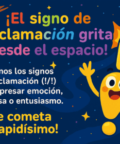Colorida ilustración con un personaje de exclamación gritando emocionado entre estrellas y un cometa. El texto en español explica que los signos de exclamación expresan emoción, sorpresa o entusiasmo, con el ejemplo: 