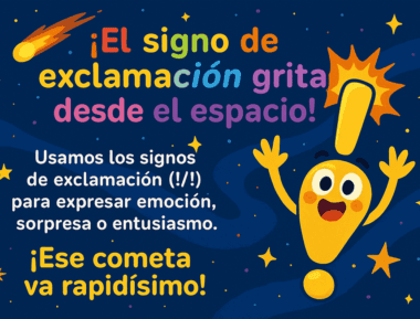 Colorida ilustración con un personaje de exclamación gritando emocionado entre estrellas y un cometa. El texto en español explica que los signos de exclamación expresan emoción, sorpresa o entusiasmo, con el ejemplo: "¡Ese cometa va rapidísimo!.