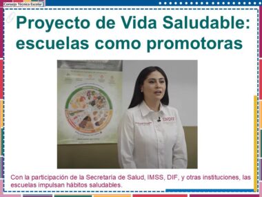 Una mujer está parada frente a una pantalla que muestra un cuadro relacionado con la salud. El título de la diapositiva es "Proyecto de Vida Saludable: escuelas como promotoras", y debajo hay un texto que menciona instituciones de salud que promueven hábitos saludables en las escuelas.