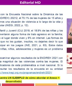 Captura de pantalla de un boletín en español que analiza las estadísticas sobre violencia juvenil de la ENDIH 2021 y la CIJ 2018, con un recuadro sobre la prevención del acoso sexual y una nota resaltada sobre un ejemplo en una carpeta.