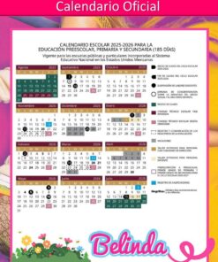 Calendario escolar oficial 2025-2026 de México para preescolar, primaria y secundaria, con días marcados para inicio, recesos, vacaciones y días festivos. Fondo colorido y nombre 