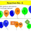 Se muestran globos de colores con números y letras. La pregunta se refiere a qué globos del mismo color tienen letras. Tres opciones de respuesta, etiquetadas como A, B y C, muestran grupos de globos de colores con letras y números diferentes.