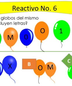 Se muestran globos de colores con números y letras. La pregunta se refiere a qué globos del mismo color tienen letras. Tres opciones de respuesta, etiquetadas como A, B y C, muestran grupos de globos de colores con letras y números diferentes.