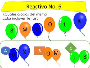 Se muestran globos de colores con números y letras. La pregunta se refiere a qué globos del mismo color tienen letras. Tres opciones de respuesta, etiquetadas como A, B y C, muestran grupos de globos de colores con letras y números diferentes.