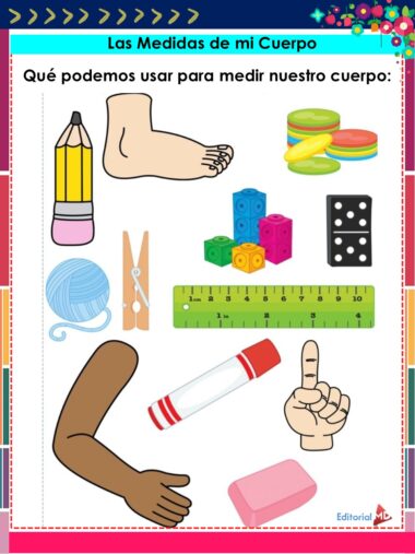 Colorida tabla educativa titulada "Las Medidas de mi Cuerpo" que muestra objetos para medir, incluyendo un lápiz, un pie, bloques, plastilina, hilo, regla, pinza de ropa, dominó, brazo, marcador, dedo y goma de borrar.
