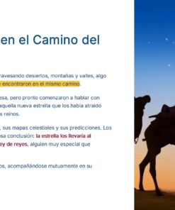 Silueta de dos personas montando camellos en el desierto al atardecer, junto a un texto en español sobre el encuentro de los Reyes Magos, con una frase subrayada en amarillo.