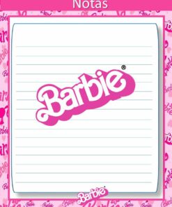 Un bloc de notas con el tema de Barbie y un borde rosa con la palabra 