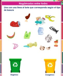 Cuadernillo de Proyectos Lenguajes – 1° Grado PRIMARIA NEM (2025 - 2026) 25 Una actividad de clasificación ilustrada en español muestra varios elementos de basura y pide que se asignen a un contenedor verde para residuos orgánicos o a un contenedor naranja para residuos inorgánicos en la parte inferior.