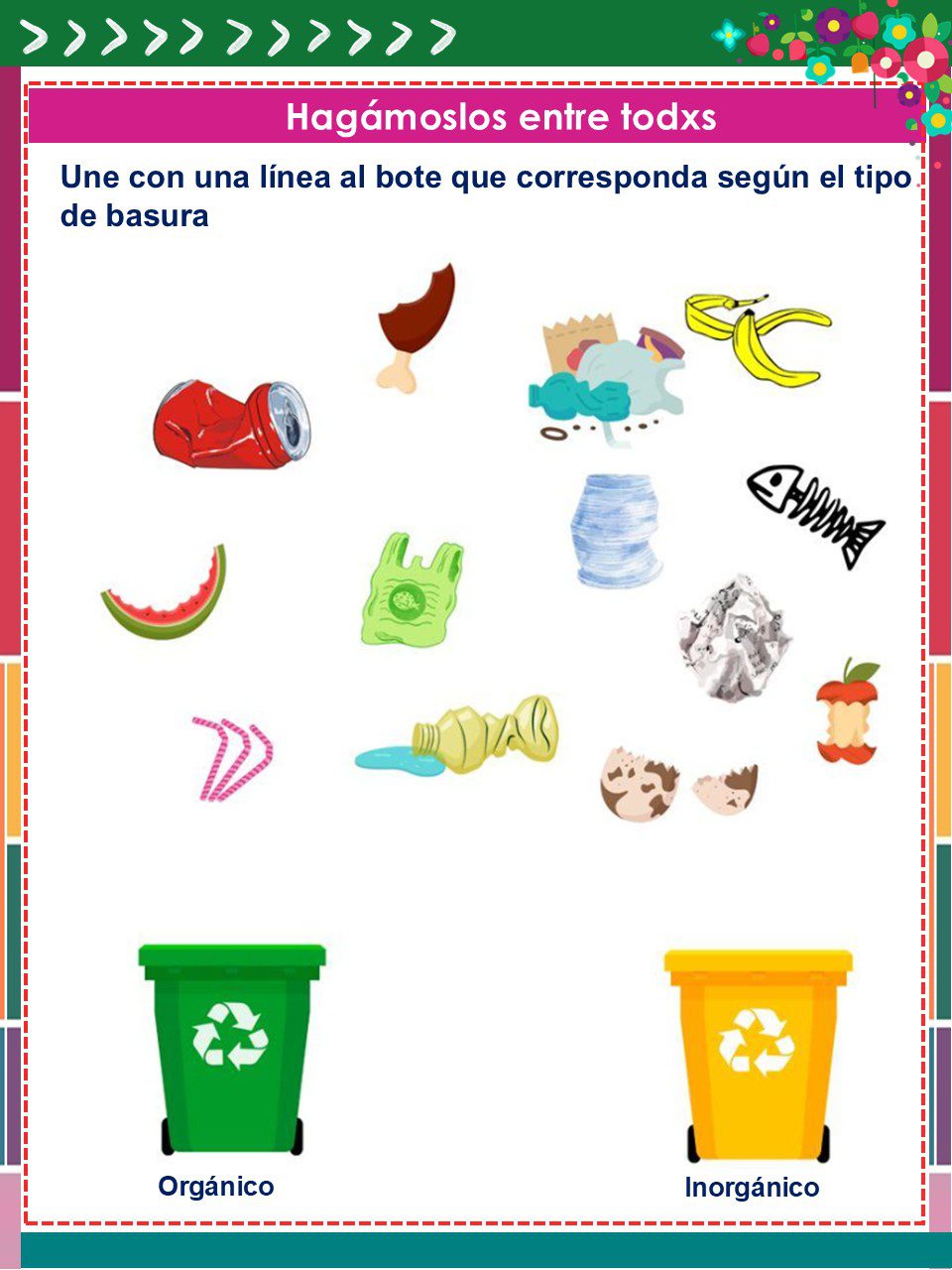 Cuadernillo de Proyectos Lenguajes – 1° Grado PRIMARIA NEM (2025 - 2026) 4 Una actividad de clasificación ilustrada en español muestra varios elementos de basura y pide que se asignen a un contenedor verde para residuos orgánicos o a un contenedor naranja para residuos inorgánicos en la parte inferior.
