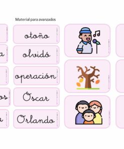 Un conjunto de tarjetas didácticas en español para estudiantes avanzados, diseñadas como parte de un PLAN DE CLASE VOCAL O integral, con palabras que comienzan con 'O'. Las tarjetas incluyen términos e ilustraciones como Omar, oso, Olivia, orquesta, otoño, operación, Oscar e imágenes vibrantes.
