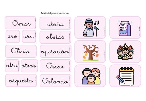 Un conjunto de tarjetas didácticas en español para estudiantes avanzados, diseñadas como parte de un PLAN DE CLASE VOCAL O integral, con palabras que comienzan con 'O'. Las tarjetas incluyen términos e ilustraciones como Omar, oso, Olivia, orquesta, otoño, operación, Oscar e imágenes vibrantes.