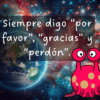 Un extraterrestre rosa de dibujos animados frente a una galaxia estrellada y la Tierra, junto a un texto en español que dice: 