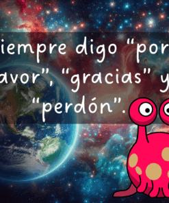 Un extraterrestre rosa de dibujos animados frente a una galaxia estrellada y la Tierra, junto a un texto en español que dice: 