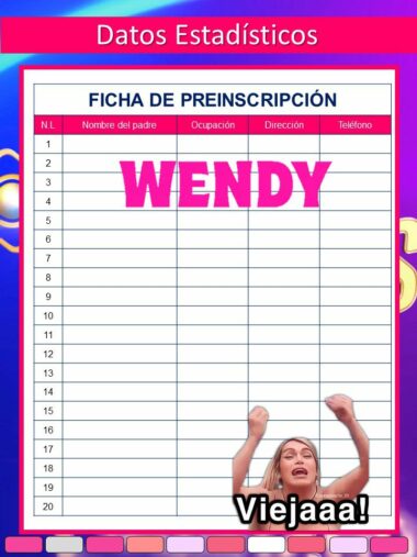 Una imagen de un formulario de preinscripción titulado "Agenda Wendy Guevara Casa de los Famosos 2023 - 2024 Editable (Preescolar, Primaria, Secundaria)" con columnas para número, nombre del padre, ocupación, dirección y número de teléfono. El nombre "Wendy Guevara" se muestra de manera destacada en rosa. En la parte inferior derecha, una persona anima con el texto "¡Viejaaa! Casa de los Famosos" al lado.
